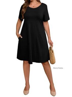 Plus Size Midi Dress Short Sleeve A-Line Swing Pocket Casual Summer